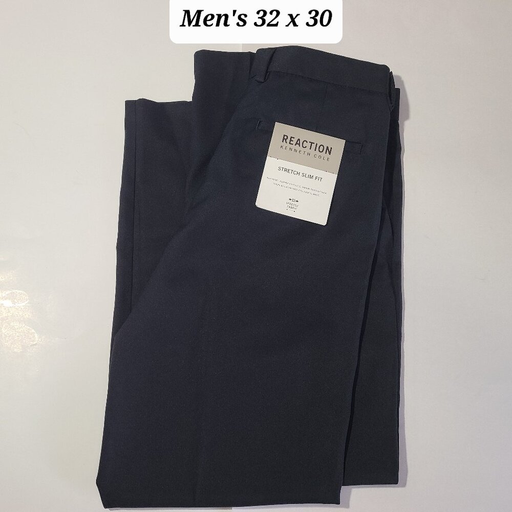 Kenneth Cole Reaction Slim Stretch Herringbone Black Pants Size 32 x 30 NWT